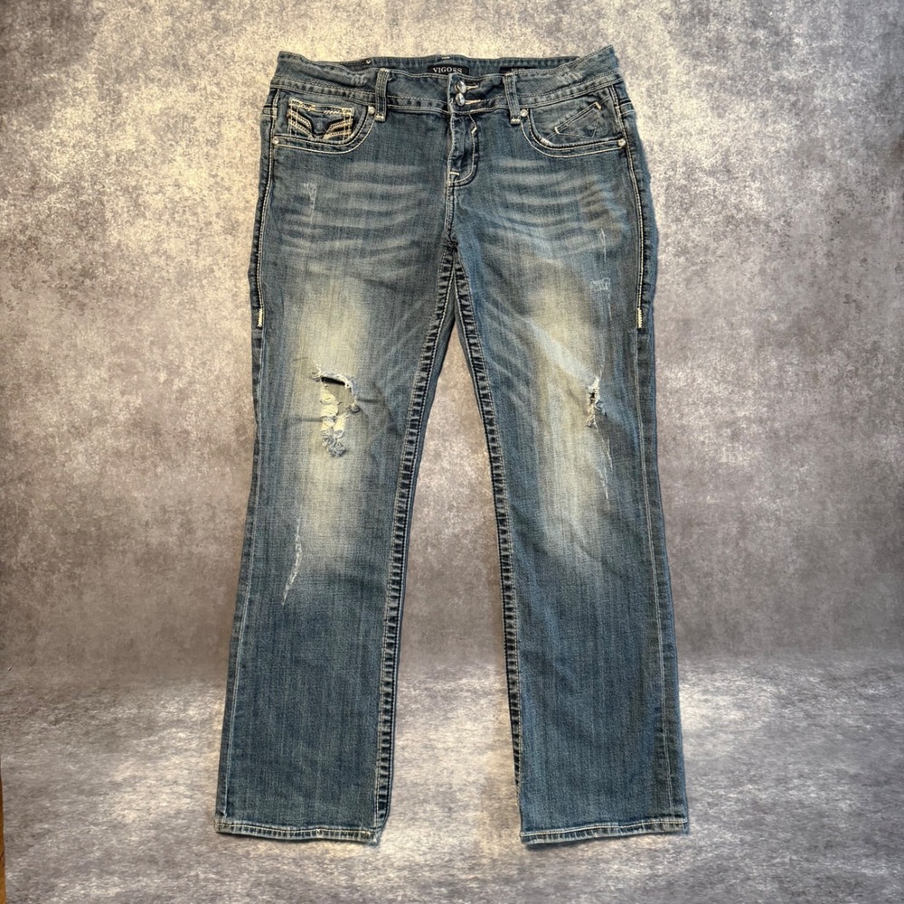 Vigoss The Dublin Bootcut Jeans‎ 15/16 x 33 Distressed Embellished Blue Denim